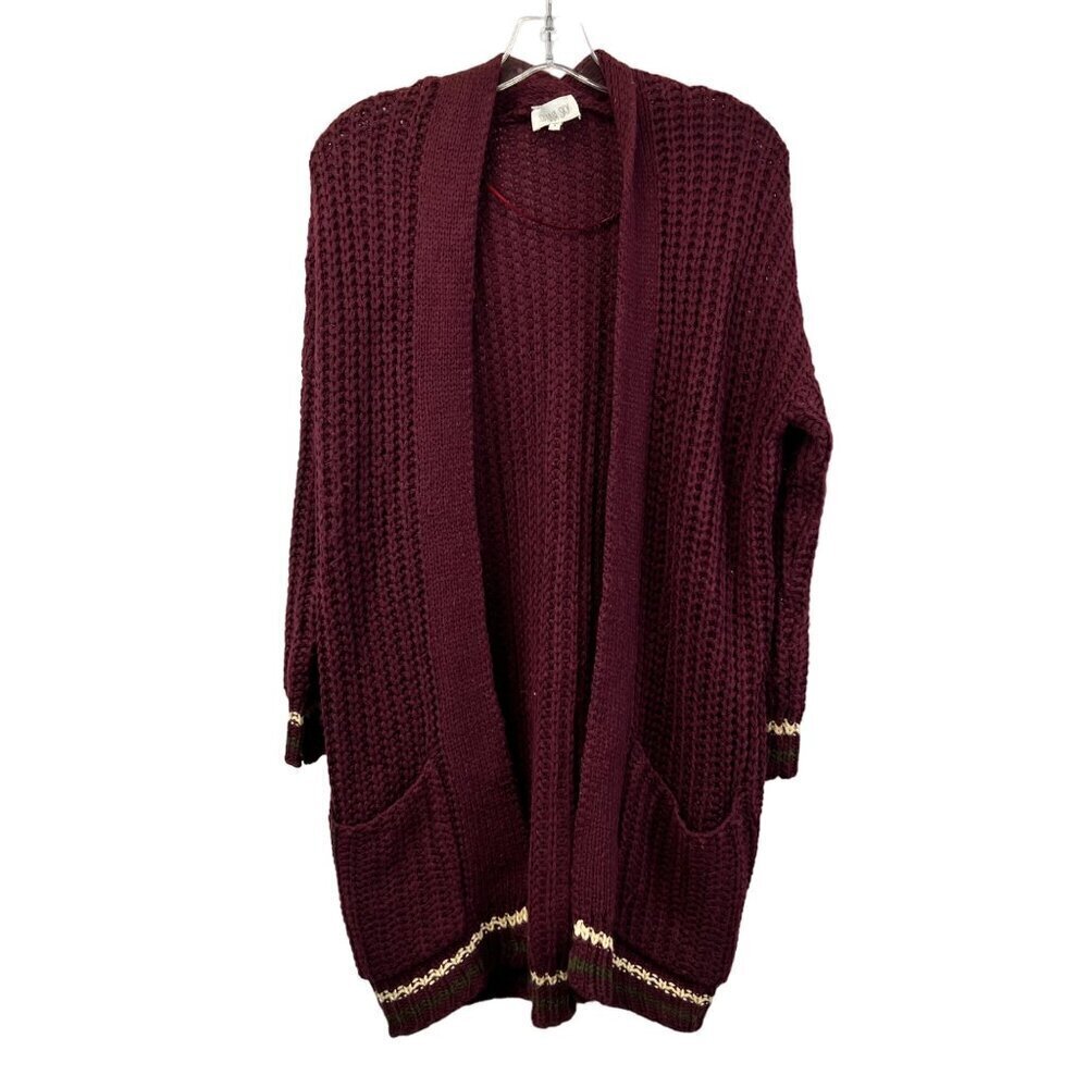Sienna Sky Womens Long Sleeve Open Front Knit Cardigan Wine/Multi S Pockets
